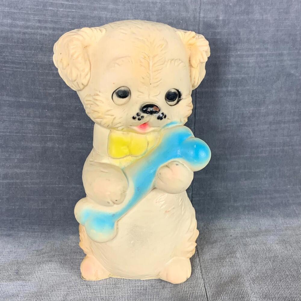 Edward Mobley 1962 Vintage Puppy Dog With Blue Bone Baby Soft Vinyl Squeaky Toy